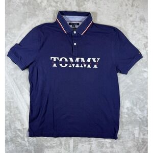 Tommy Hilfiger Polo Shirt Mens XL Blue Custom Fit Short Sleeve Spell Out Logo